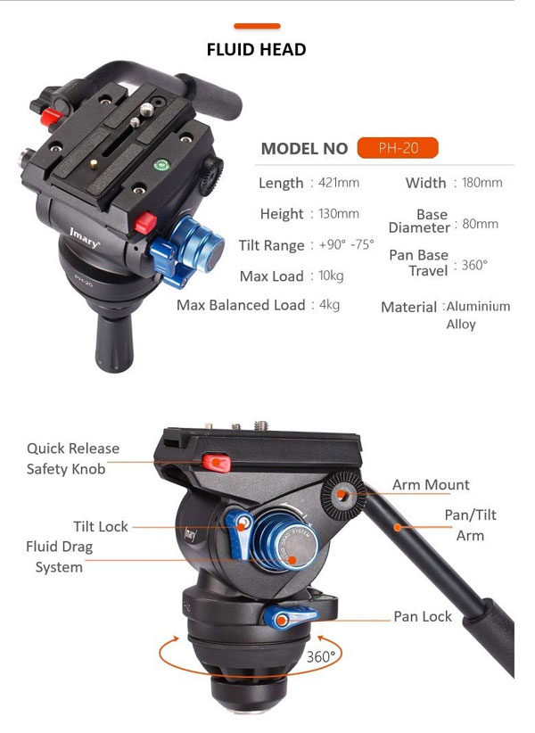 مشخصات هد سه پایه دوربین حرفه ای جیماری Jmary Tripod Video PH20+LF85
