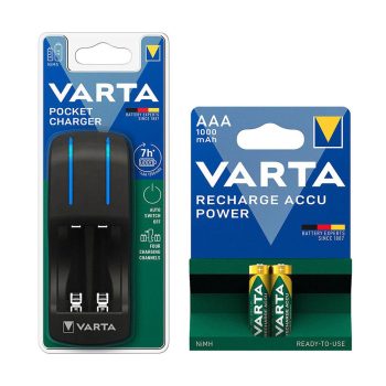 شارژر باتری وارتا مدل Varta Pocket + باتری نیم قلمی شارژی 1000mAh
