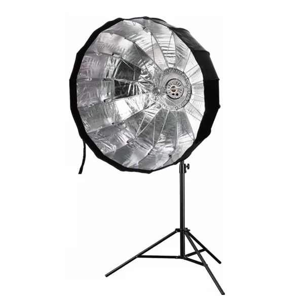 بیوتی دیش پارچه ای پرتابل 16 وجهی پارابولیک 105cm نقره ای اتوماتیک همراه با گرید از نمای جانبی