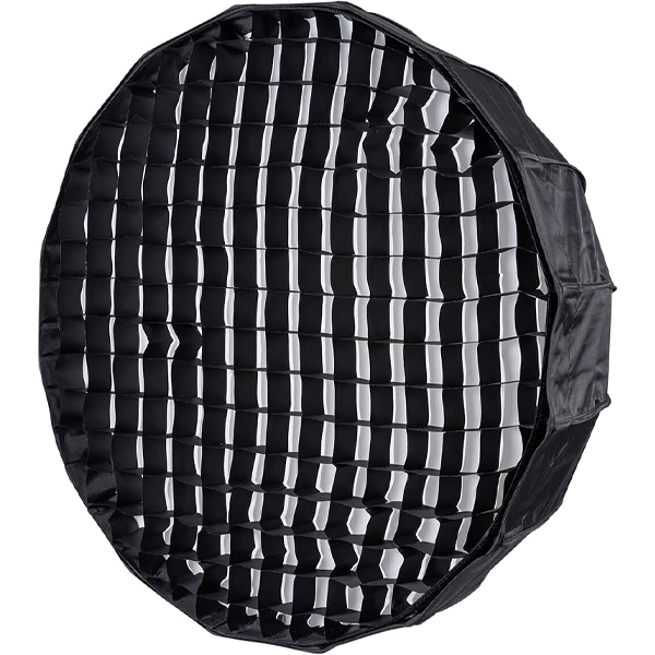 بیوتی دیش پارچه ای پرتابل 16 وجهی پارابولیک 105cm نقره ای اتوماتیک همراه با گرید از نمای جانبی با زنبوری