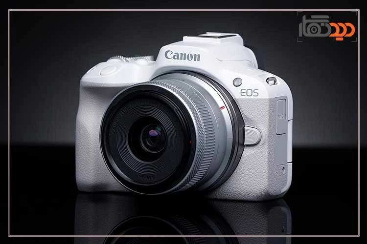 نقد و بررسی دوربین کانن R50 و نمای جانبی رنگ سفید