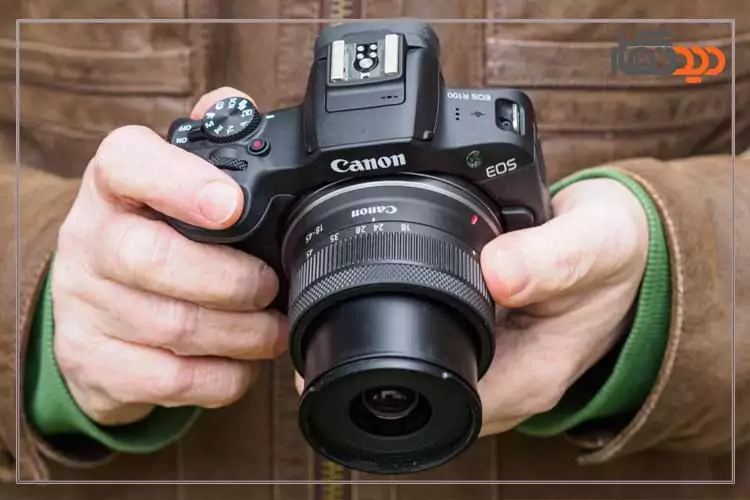 دوربین کانن r100 و نمای روبرو و ابعاد دوربین