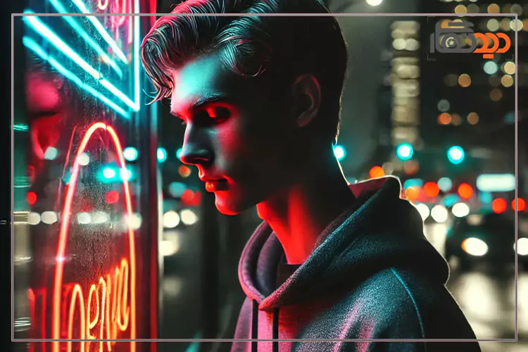 یک پرتره از فردی که در کنار یک تابلوی نئون ایستاده.