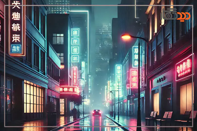 یک خیابان تاریک با نورهای پراکنده و حرکت خودروها.