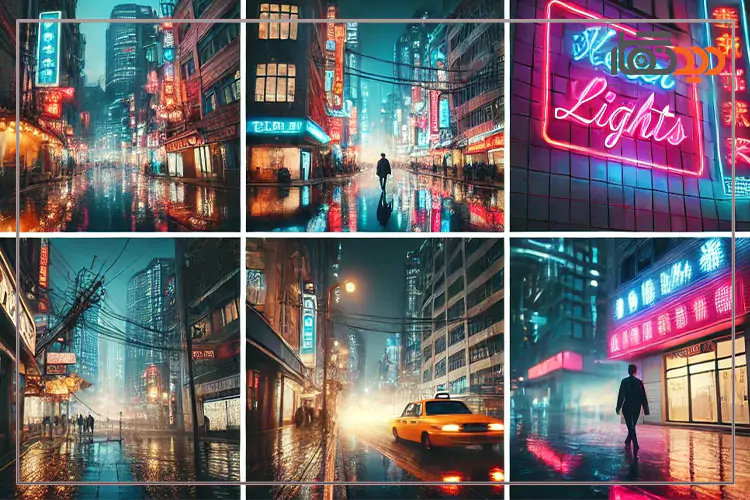 یک نمای نزدیک از تابلوهای نئون یا بیلبوردهای روشن در خیابان