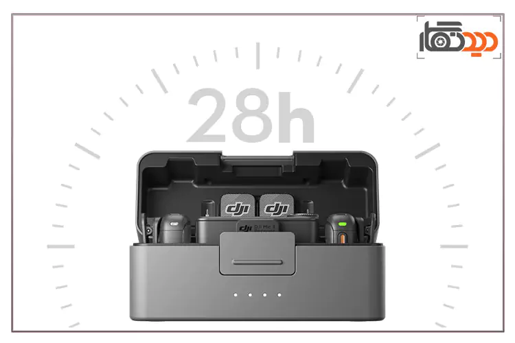 عمر باتری کیس شارژ میکروفون DJI Mic 3 28 ساعت است